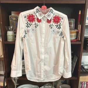 Anthropologie White and Pink Embroidered Button Down Shirt